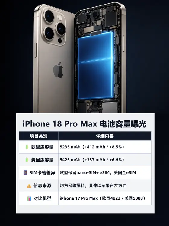 iPhone 18 Pro Max 电池容量曝光