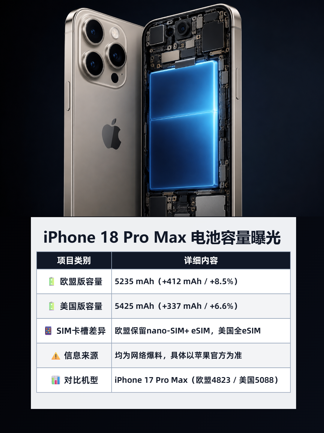 iPhone 18 Pro Max 电池容量曝光 信息图