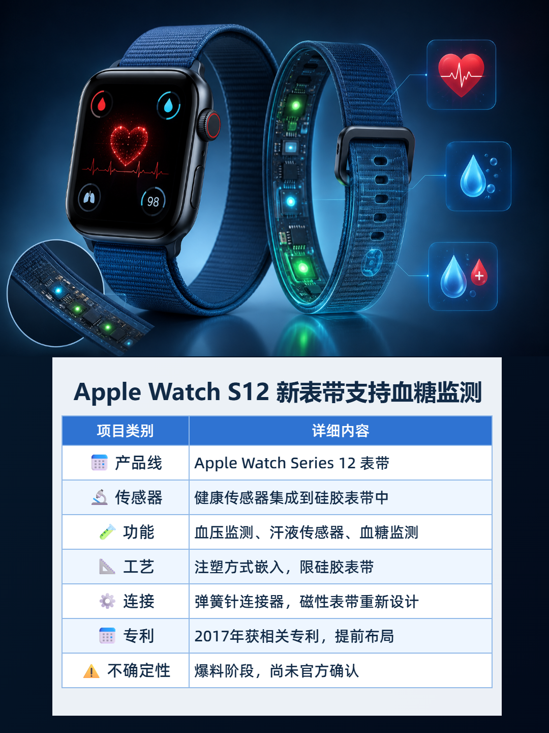 Apple Watch S12 新表带支持血糖监测 信息图